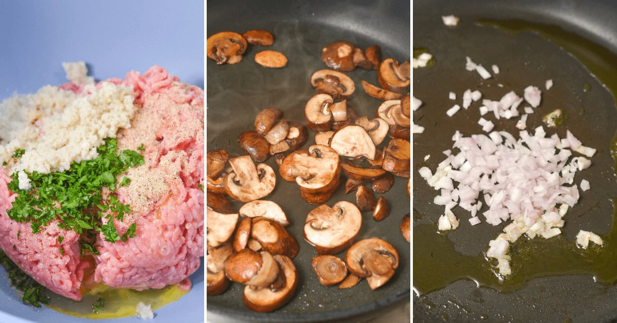 Three-step cooking process: ground veal with seasonings, sliced mushrooms for a touch of marsala magic, and chopped onions in a pan.