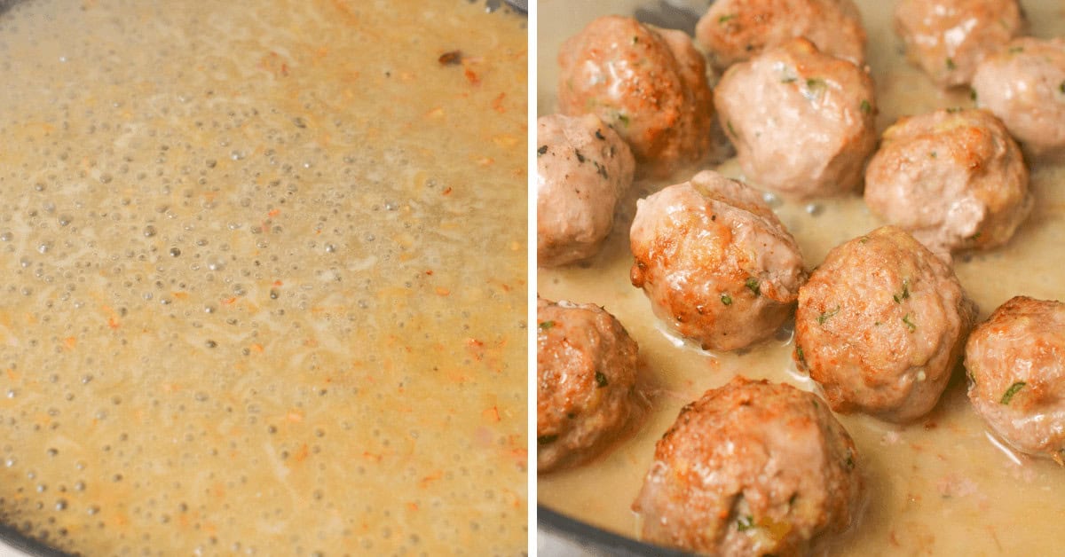 Split image showcasing a luscious veal marsala sauce on the left and tender meatballs bathed in the same savory marsala-infused cream on the right.