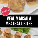 Appetizing veal marsala meatball bites infused with the rich flavors of Marsala wine, topped with earthy mushrooms, and elegantly served on a pristine white platter with toothpicks.