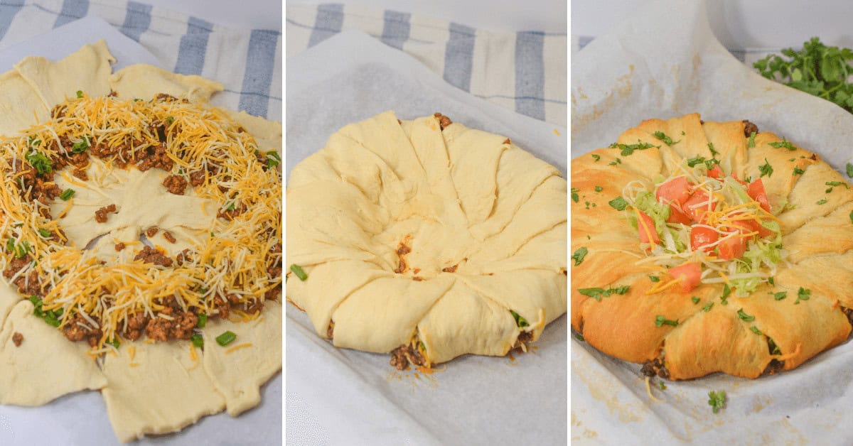 The Taco Crescent Ring is a three-step process: fill the dough with meat and cheese, shape it into a ring before baking, and then top your beautifully baked creation.