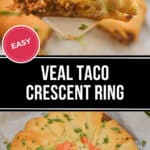 A Taco Crescent Ring brimming with veal taco ingredients is topped with tomatoes, lettuce, and cheese on a baking sheet. A slice is being lifted.