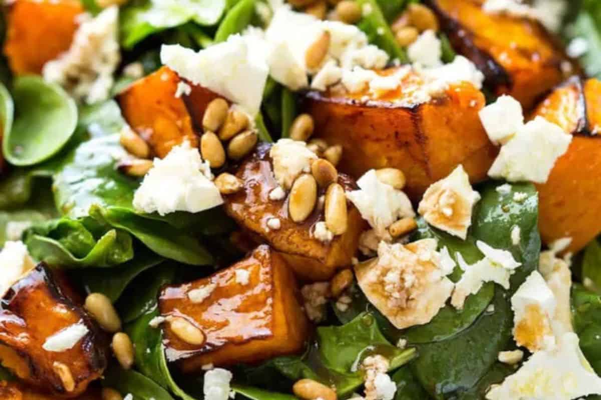 A close-up of the roast pumpkin, spinach and feta salad.