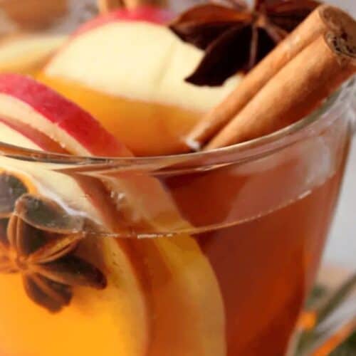 A glass mug of apple cider with apple slices, cinnamon sticks, and star anise on top creates a winter cocktail that will surely impress.