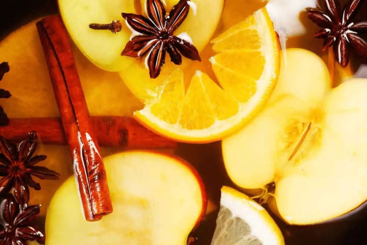 Sliced apples and oranges, whole star anise, and cinnamon sticks floating in bolio.