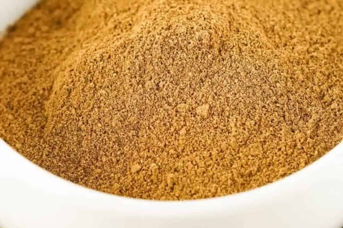 A close-up of a white bowl filled with a mound of light brown apple pie spice.