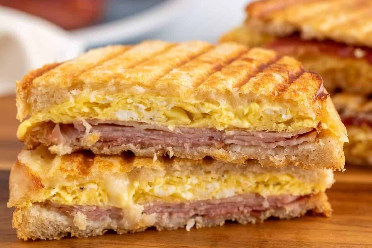 This is a close up of a breakfast panini. 