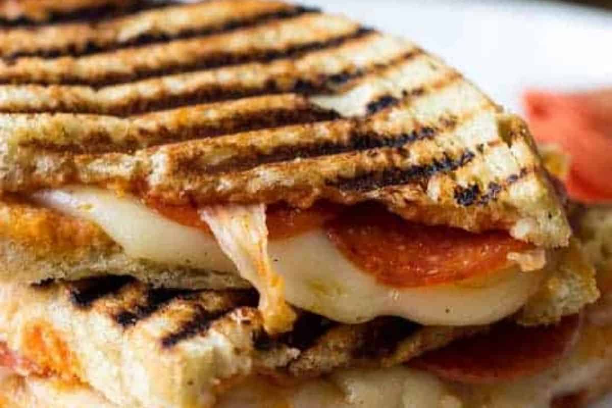 This is a close up of a Cheesy Pizza Panini.