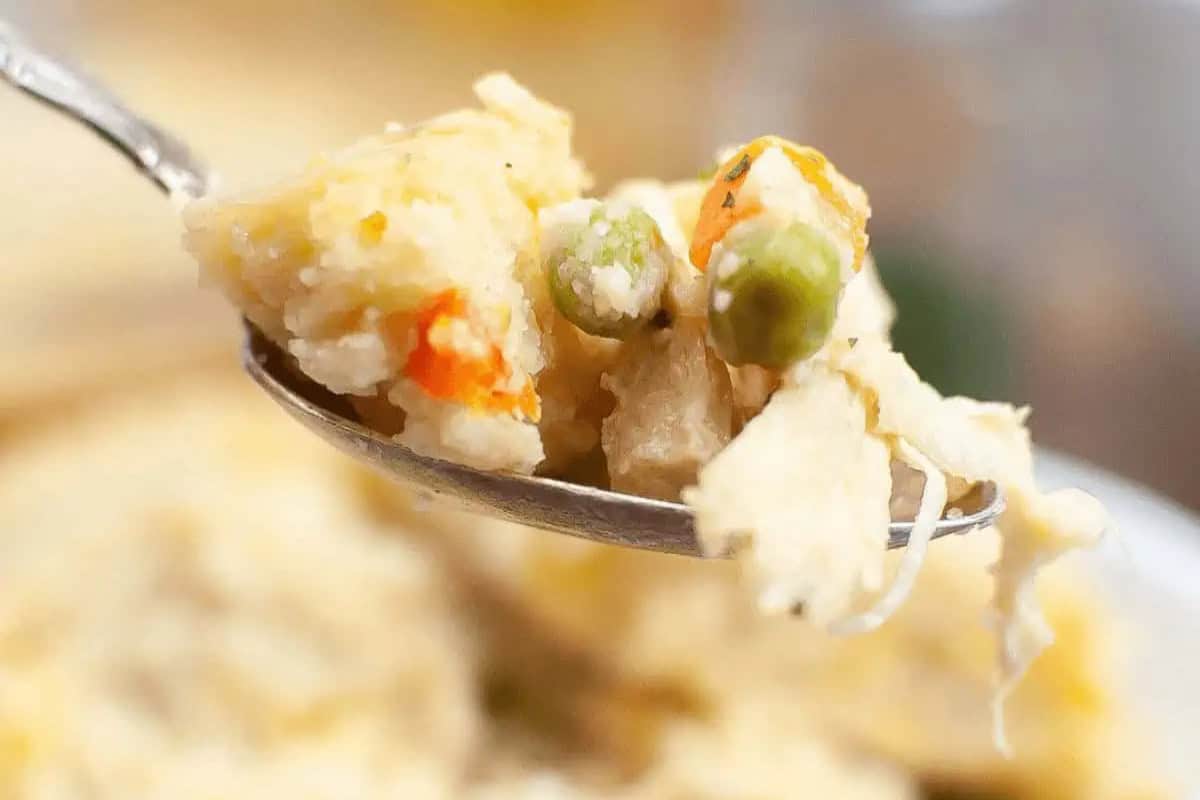 A spoonful of chicken pot pie filling with visible chunks of chicken, carrots, peas, and biscuit pieces—classic comfort food reminiscent of homemade chicken casseroles.