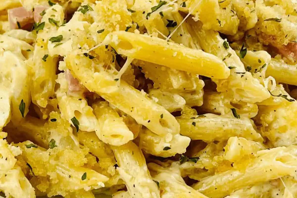 Close-up of creamy baked penne pasta, a true comfort food, topped with grated cheese, breadcrumbs, and chopped herbs.
