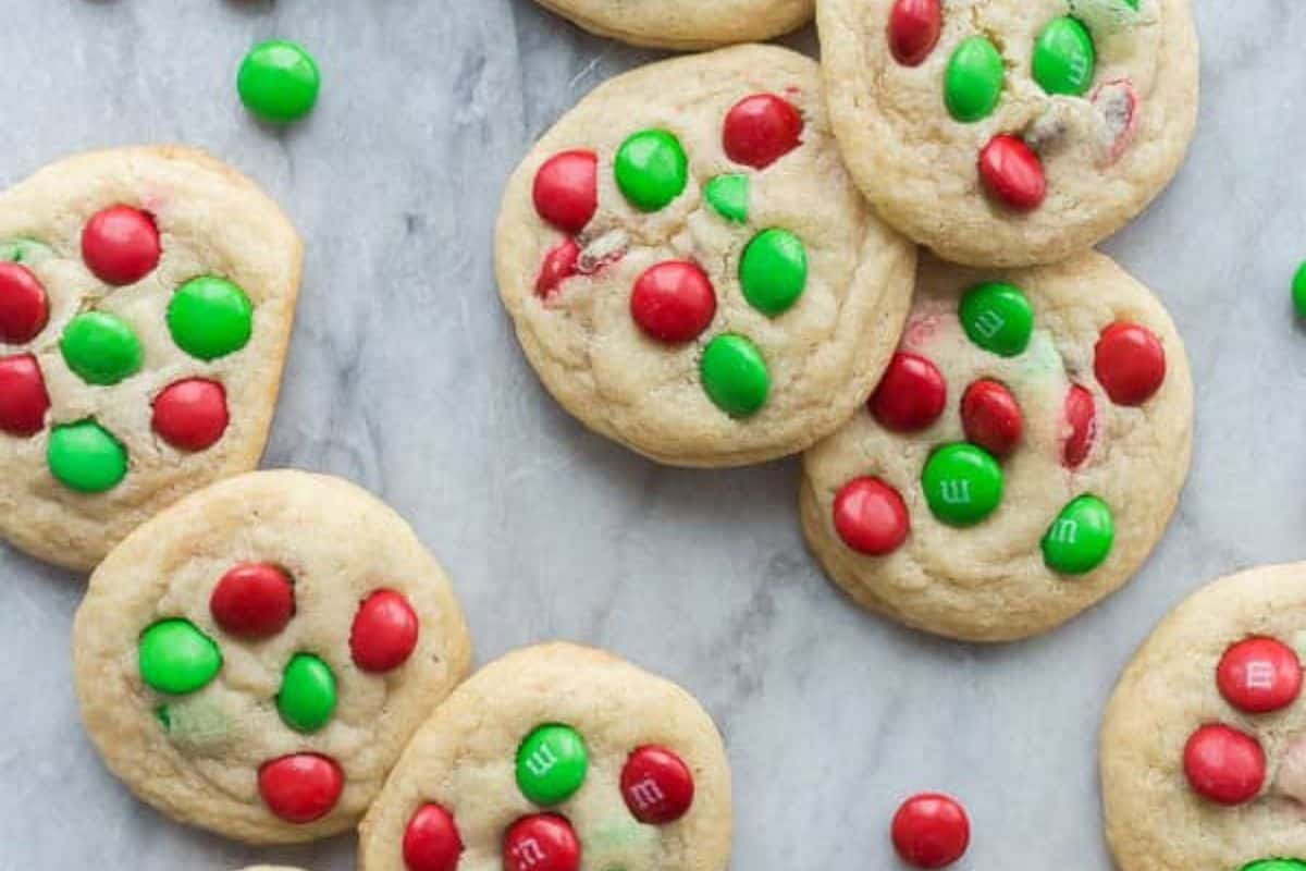 Chewy cookies loaded with red and green holiday M&Ms, fresh out of the oven.