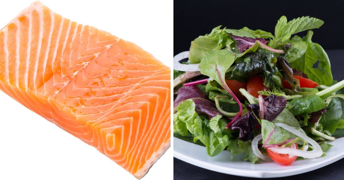 Raw salmon fillet on the left and a plate of Grilled Salmon Salad with mixed greens, tomatoes, and onions on the right.
