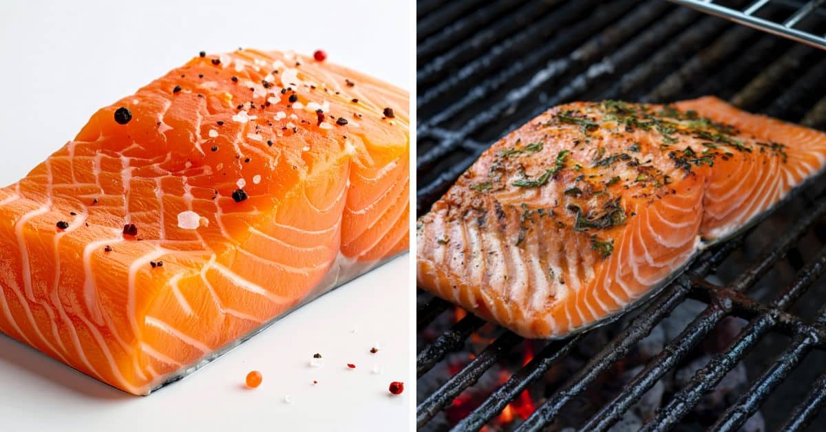 Side-by-side image of raw fish with seasoning on the left and a delicious fish cooking on the grill on the right.