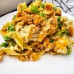 A serving with green onions and a crunchy topping sits on a white plate, with a checkered cloth in the background.