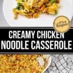 A serving of Creamy Chicken Noodle Casserole with peas and a crunchy topping sits on a white plate beside a large baking dish filled with more casserole.