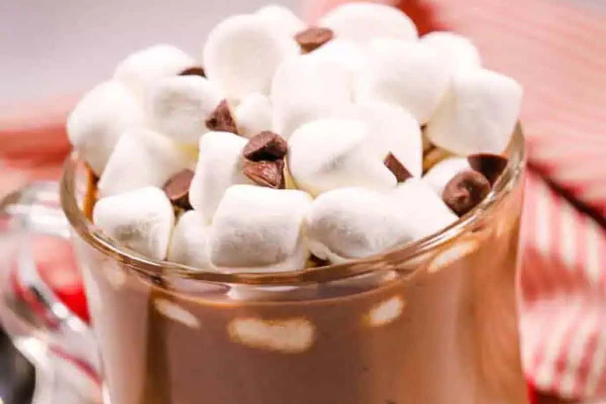 A glass mug of creamy hot chocolate topped with mini marshmallows and chocolate chips, with a red and white cloth in the background.