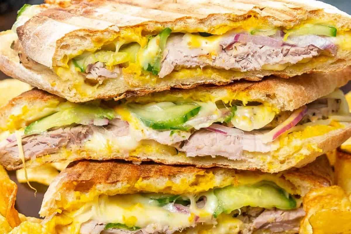 This is an extreme close up of a Cuban Panini.