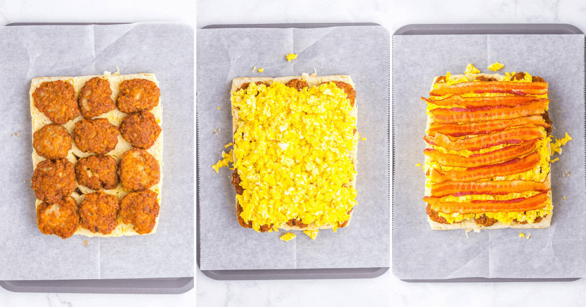Three-step breakfast sliders preparation: Left shows a base layer of nuggets, center is topped with scrambled eggs, right has strips of bacon added on top.
