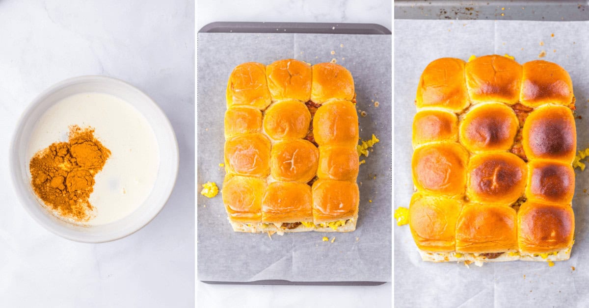 Three-panel image showcasing breakfast sliders: a bowl with cream and spices, unbaked sliders on parchment paper, and perfectly baked breakfast sliders with golden tops.