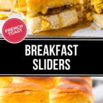 These delicious breakfast sliders feature fluffy scrambled eggs and savory sausage nestled between soft rolls, all crowned with a drizzle of syrup for the perfect morning delight.