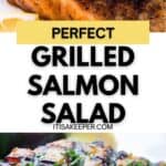 Close-up shots of grilled salmon fillets with beautiful grill marks, garnished with fresh herbs and served alongside broccoli, with a text overlay promoting Grilled Salmon Salad.