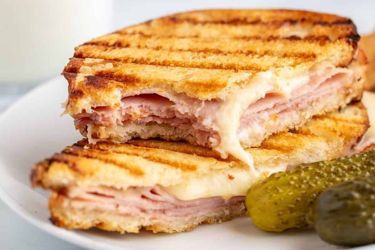 This is a close up of a ham and cheese panini. 