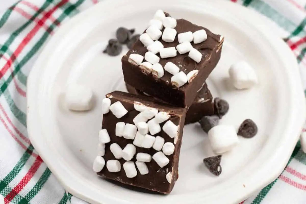 Two squares of chocolate fudge topped with mini marshmallows are stacked on a white plate, surrounded by chocolate chips and more marshmallows.