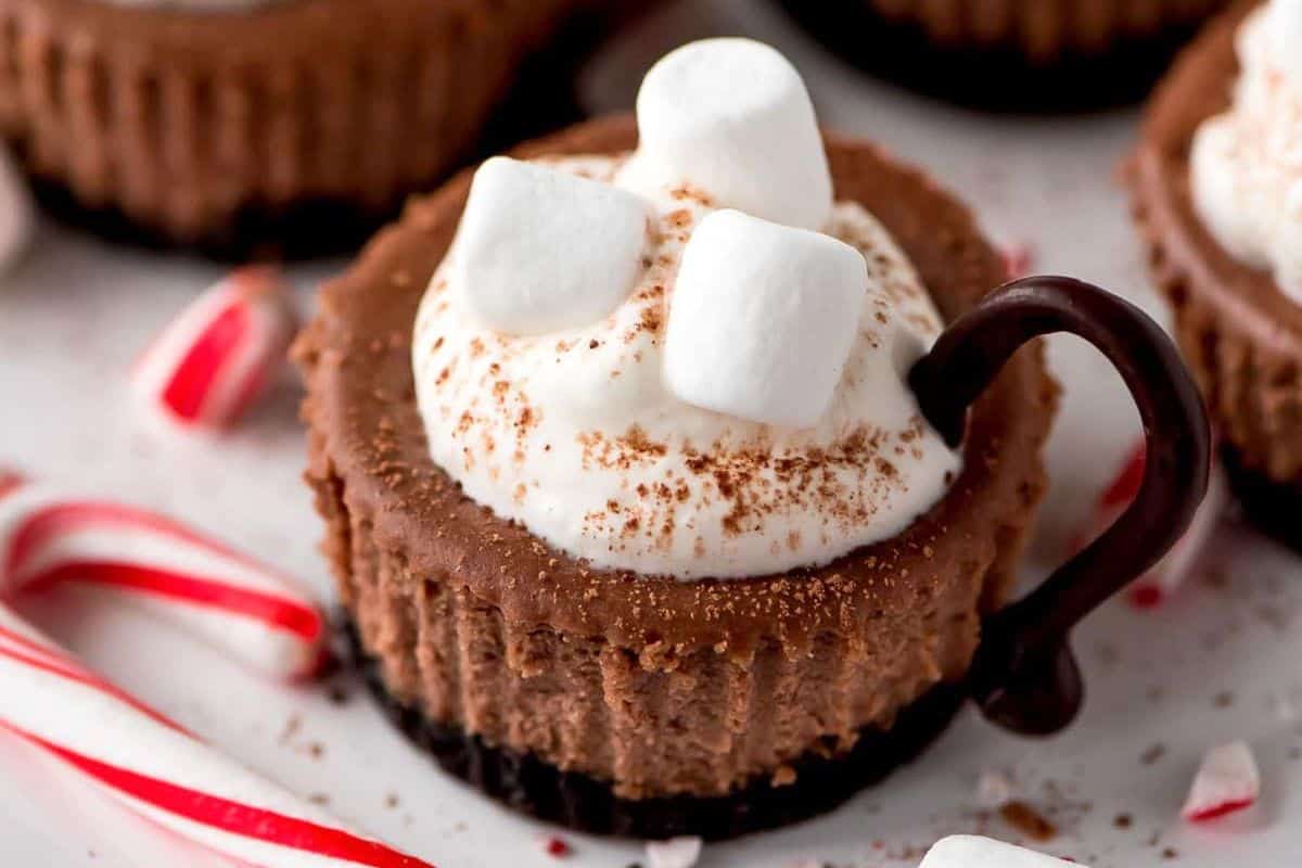 Mini chocolate cheesecakes topped with marshmallows and a whipped cream swirl.