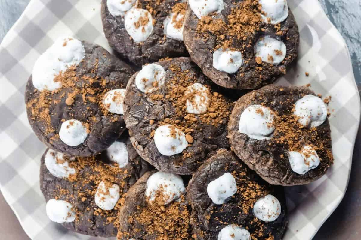 A plate of chocolate hot cocoa cookies topped with small marshmallows and sprinkled with graham cracker dust