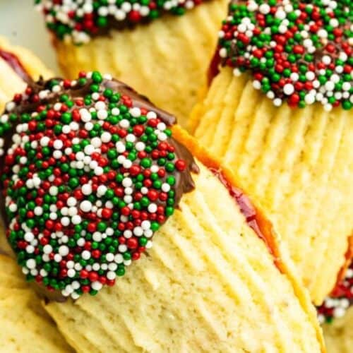 Close-up of Traditional Italian Cookies partially dipped in chocolate and decorated with red, white, and green sprinkles—perfect Italian Holiday Cookies for festive celebrations.