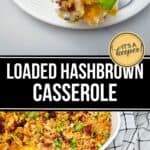 A serving of loaded hashbrown casserole topped with green onions, shown on a plate with a fork beside a dish—perfect comfort food, much like classic Creamy Chicken Noodle Casserole.