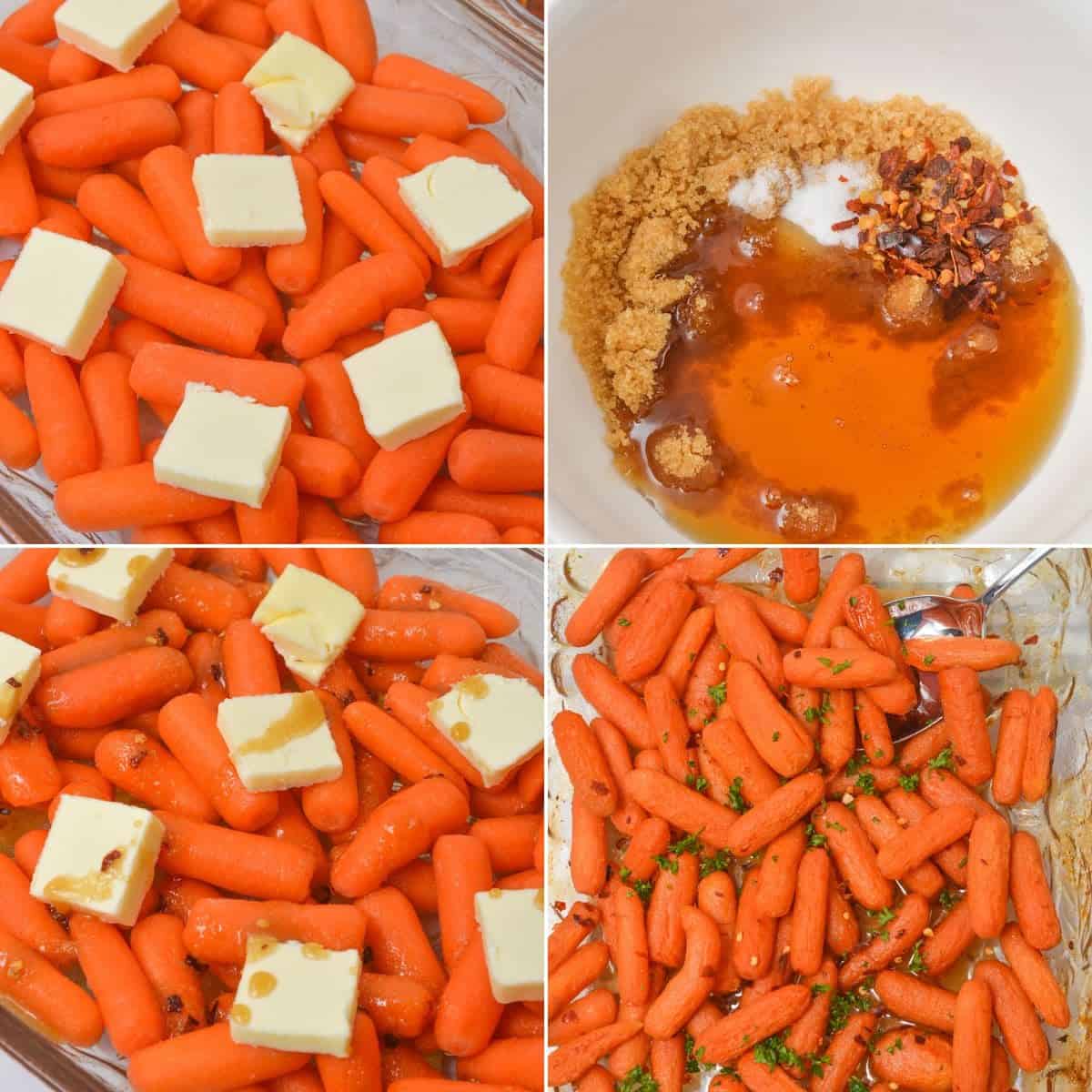 Four images showing baby carrots with butter, a bowl with brown sugar and spices, carrots drizzled with the mixture, and finished maple glazed carrots garnished with herbs.