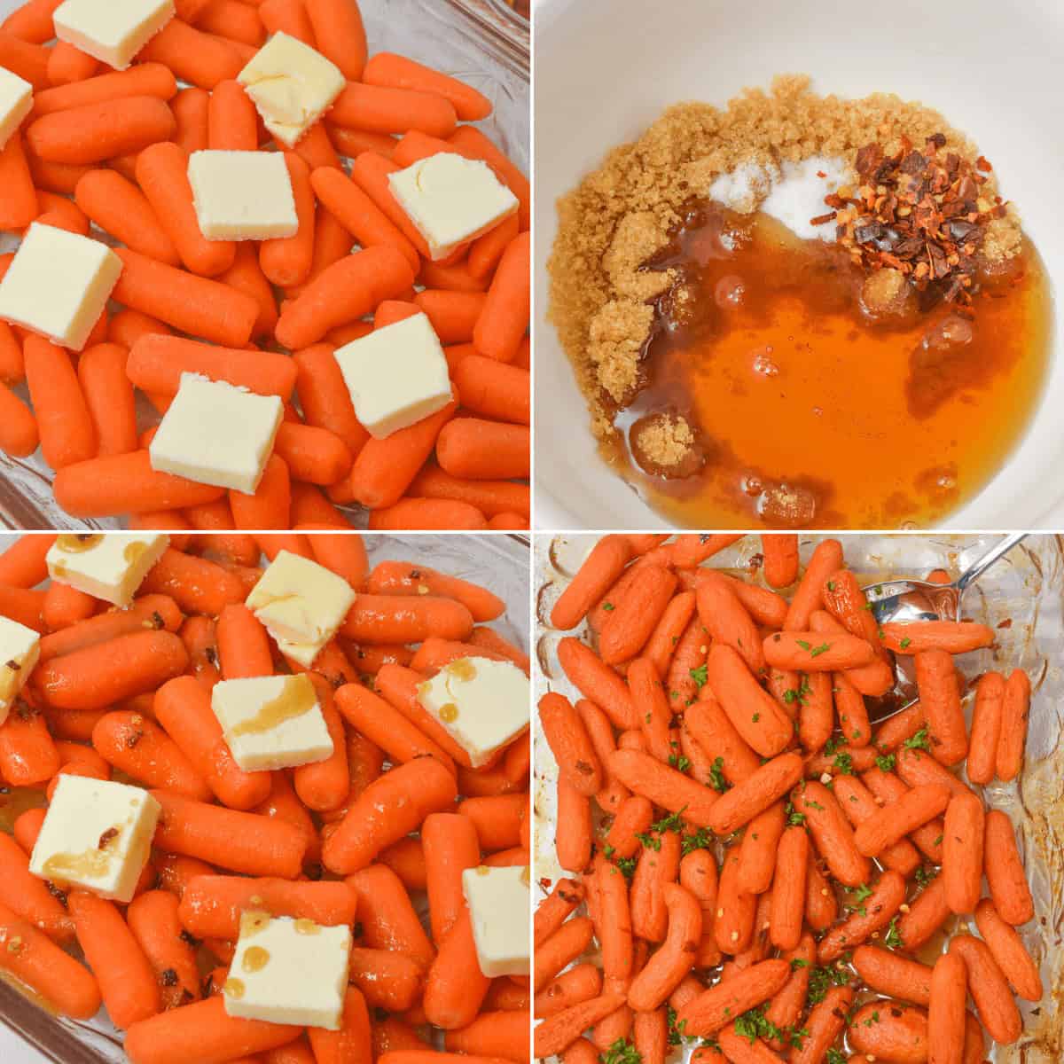 Four-panel image showcasing Maple Glazed Carrots: baby carrots with butter, ingredients mixing in a bowl, carrots drizzled with maple sauce and butter, and the finished glazed carrots garnished with herbs.