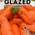 Close-up of oven-roasted Maple Glazed Carrots, their vibrant color shining through a luscious maple syrup glaze, garnished with fresh parsley and accompanied by a text overlay describing the dish.