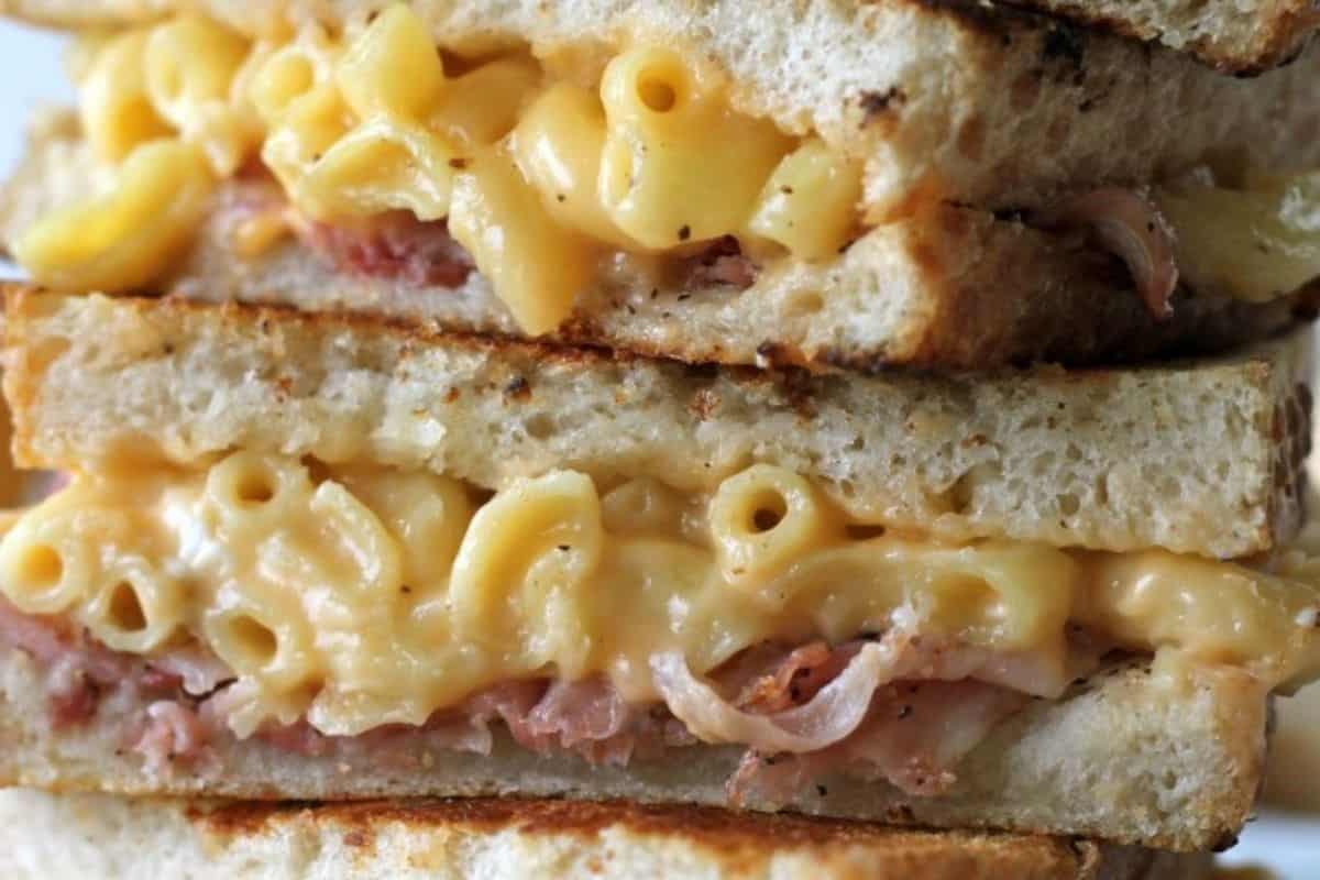 This is a close up of a Pancetta Mac and Cheese Panini. 