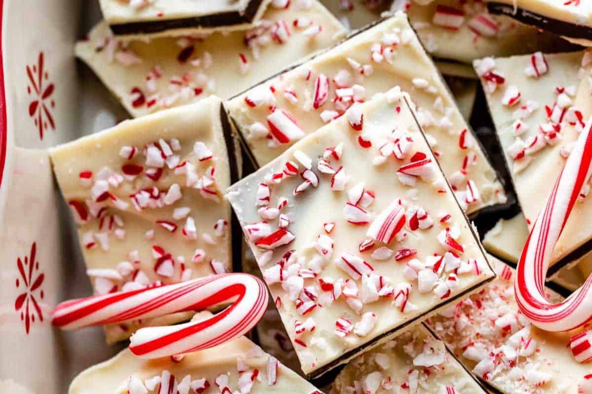 Swirled layers of dark and white chocolate bark topped with crushed candy canes.