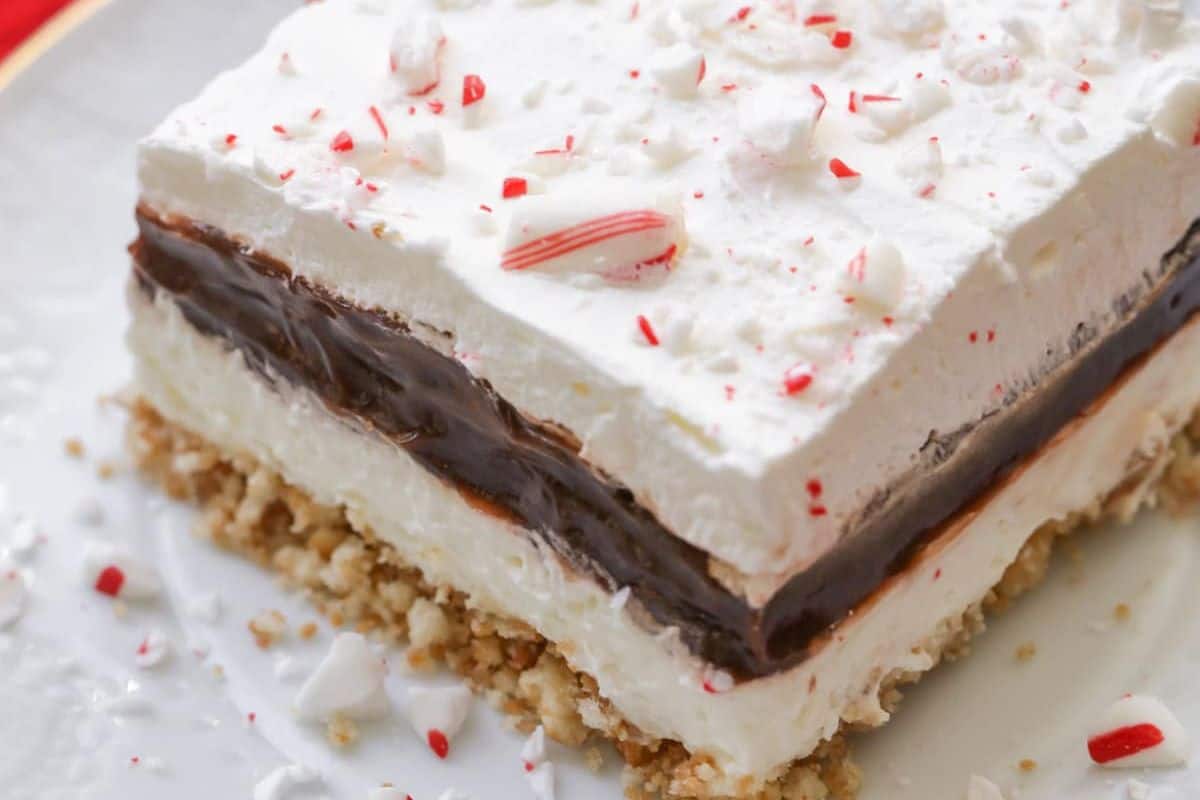 Chocolate mint layered dessert with a cookie crust and crushed peppermint on top.