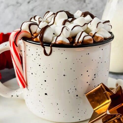 Speckled white mug filled with rich hot cocoa, topped with marshmallows and chocolate drizzle, garnished with a candy cane. Milk, candy canes, and festive decorations are in the background.