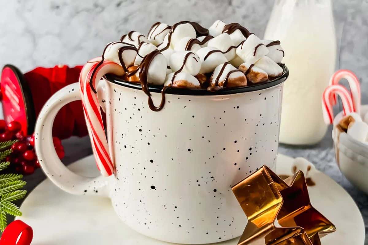 Speckled white mug filled with rich hot cocoa, topped with marshmallows and chocolate drizzle, garnished with a candy cane. Milk, candy canes, and festive decorations are in the background.