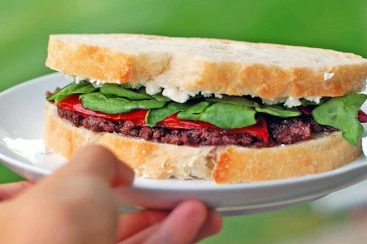 This is a close up of a Red Pepper and Goat Cheese Panini. 