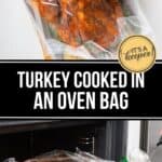 Seasoned turkey in an oven bag is shown before and after cooking, with the cooked turkey being removed from the oven. Text reads: "Turkey in an Oven Bag: Perfectly juicy and delicious every time.