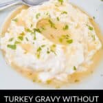 A plate of mashed potatoes topped with rich, golden Turkey Gravy without Turkey Drippings and fresh herbs, with a spoon on the side. Text below reads: "Turkey Gravy Without Turkey Drippings.”.