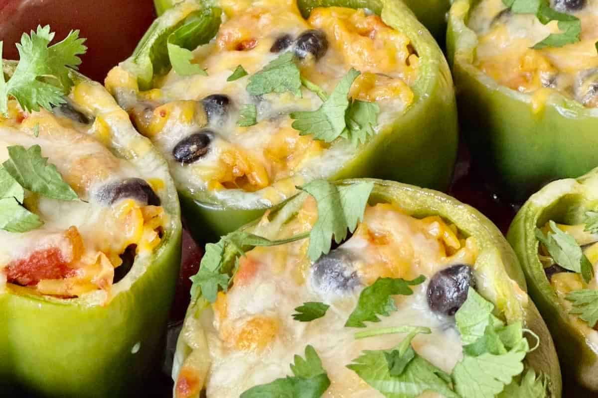 Perfect for weeknight dinners, these easy stuffed peppers feature green bell peppers filled with rice, black beans, tomatoes, and melted cheese, then topped with fresh cilantro—a delicious twist on classic stuffed pepper recipes.