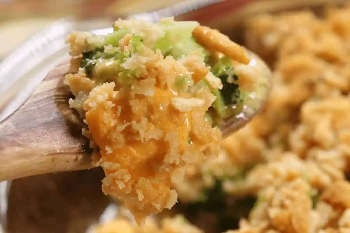 A wooden spoon holding a serving of broccoli casserole topped with melted cheese and a crumbly breadcrumb layer—a perfect pick for cooler weather and fans of good casserole recipes.