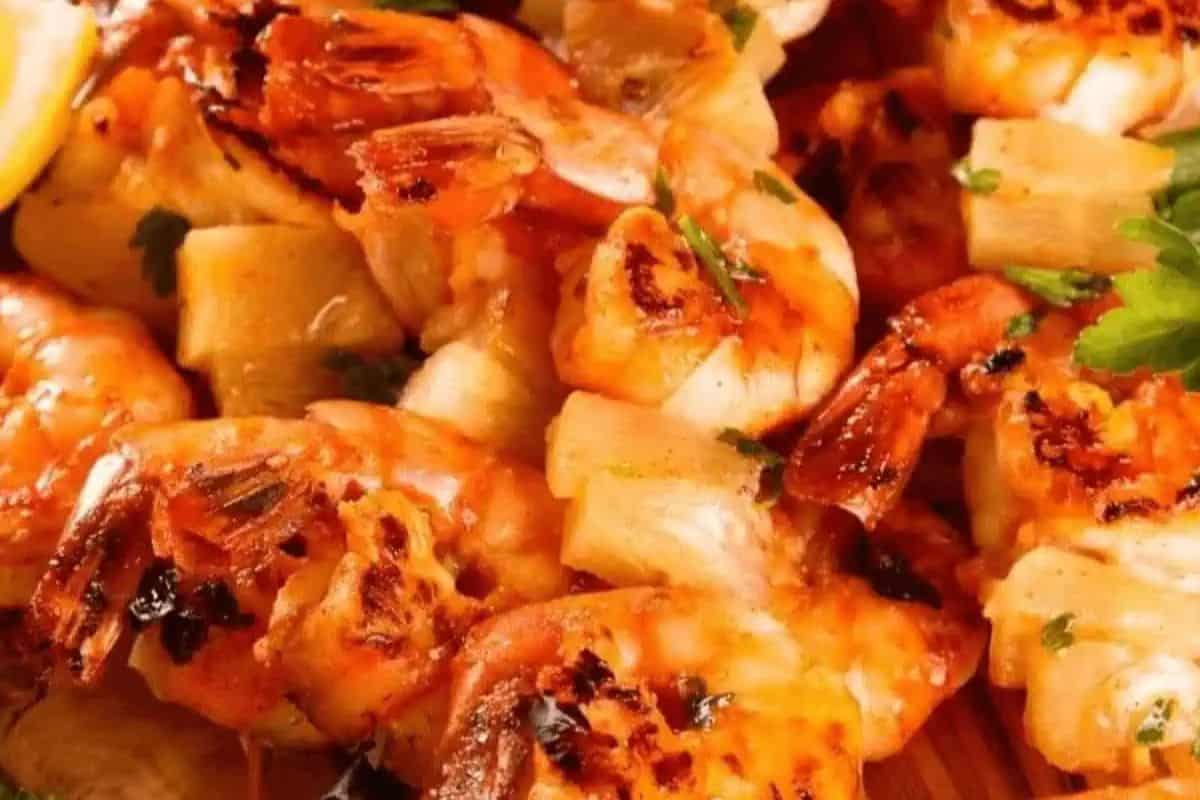 Close-up of grilled shrimp skewers.