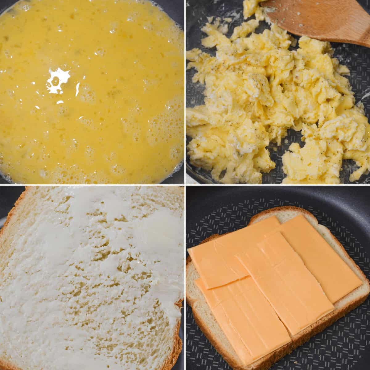 Step-by-step process of crafting a bacon egg and cheese grilled cheese sandwich: cook scrambled eggs with crispy bacon, butter the bread, and layer with cheese slices before grilling to perfection.