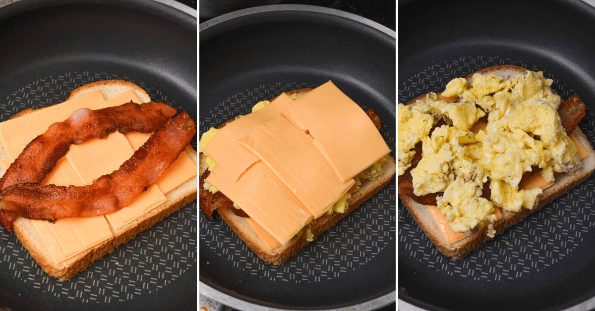 Triple-paned image of sandwich being cooked.
