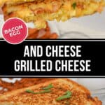 Close-up of a Bacon Egg and Cheese Grilled Cheese sandwich, cut in half and garnished with herbs. A hand holds the gooey delight above a matching one on a white plate.