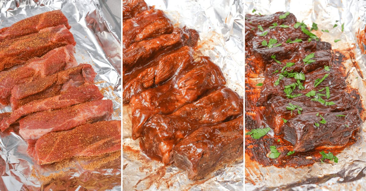 Three-step cooking process: raw seasoned country style beef ribs on foil, ribs coated in sauce being cooked, and cooked ribs garnished with chopped herbs.