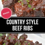 Plates of tender, country style beef ribs are beautifully garnished with fresh herbs.