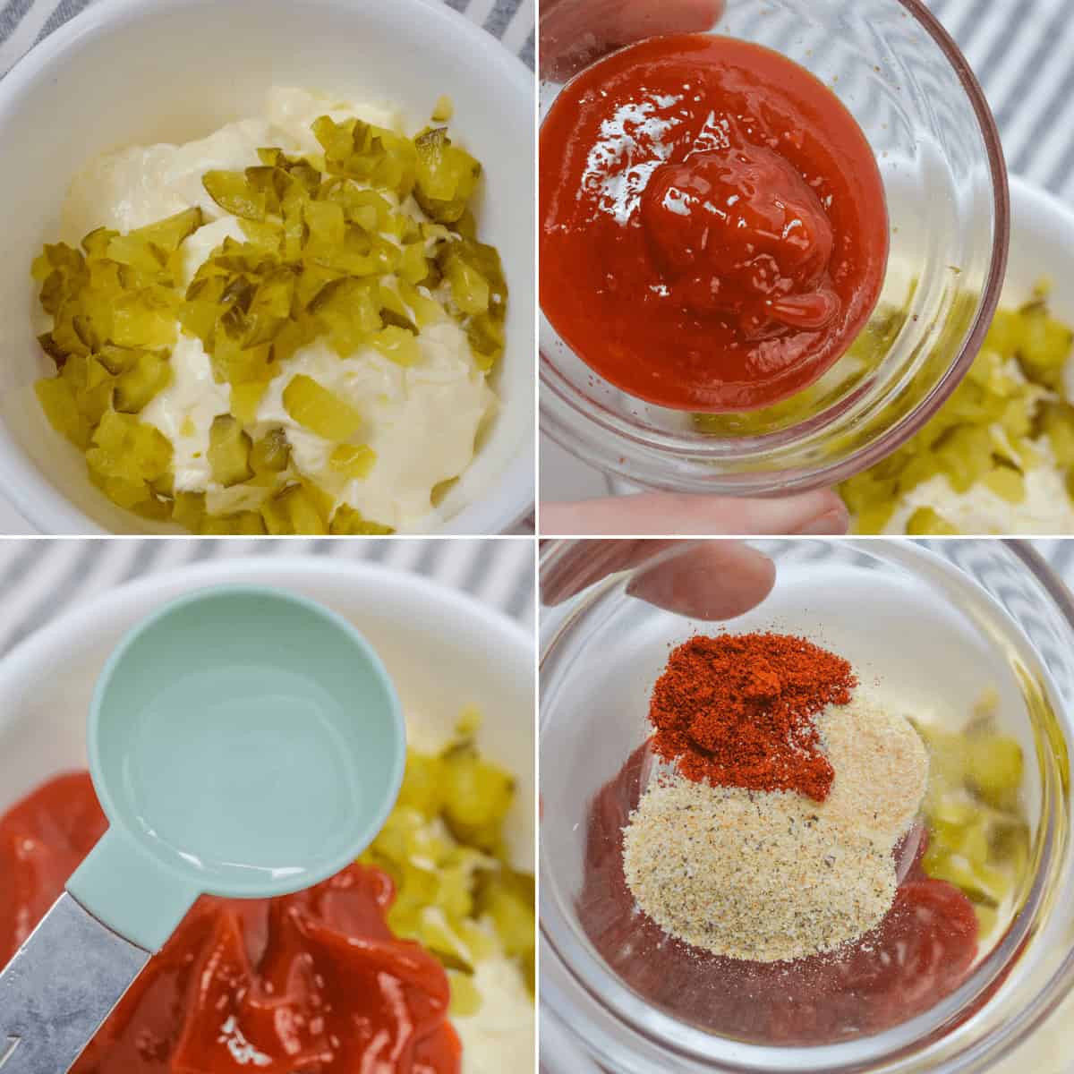 Four images depicting the essential ingredients for a sauce reminiscent of Big Mac Sloppy Joes: diced pickles mixed with mayonnaise, ketchup being poured, water added, and spices in a small dish.